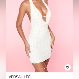 Oh Polly white deep plunged embellished mini dress with pearls size 8.